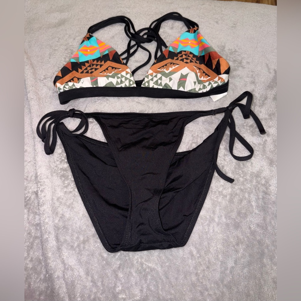 Tribal Print Triangle Bikini Top with Black Tie Bottoms